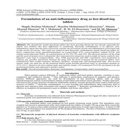 Formulation of an anti-inflammatory drug as fast dissolving tablets