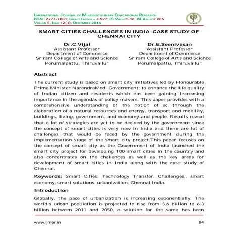SMART CITIES CHALLENGES IN INDIA -CASE STUDY OF CHENNAI CITY