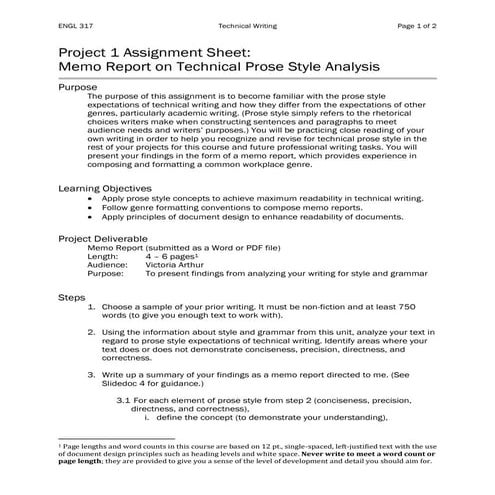 Eng 317H Project 1 Assignment Sheet