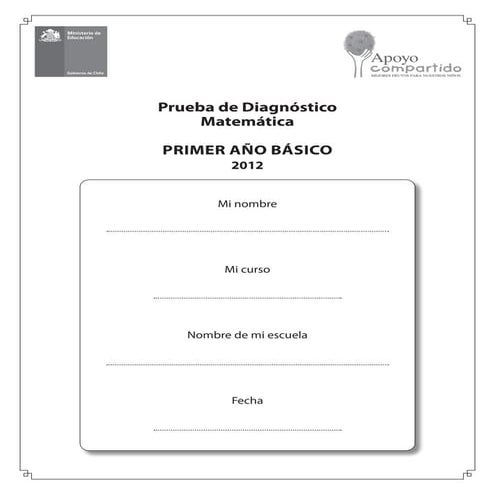 P1  prueba de diagnóstico  1° Básico Matemática    2012