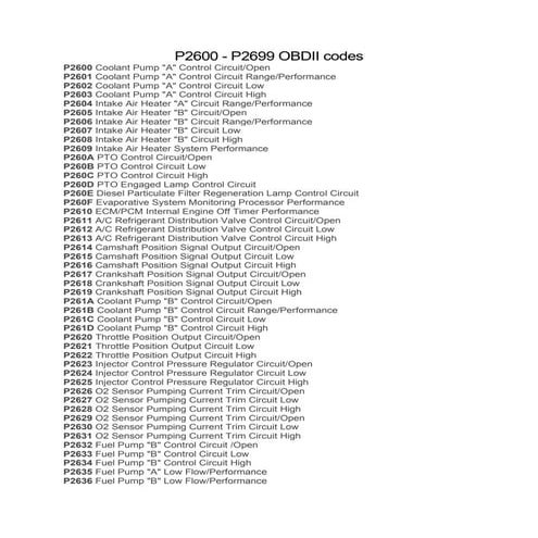 OBD2 Powertrain Code List (P2600- P2699)