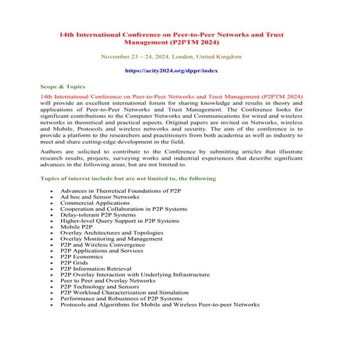 Call For Paper - 14th International Conference on Peer-to-Peer Networks and T...