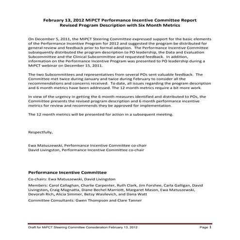 MiPCT Performance Incentive Committee Report