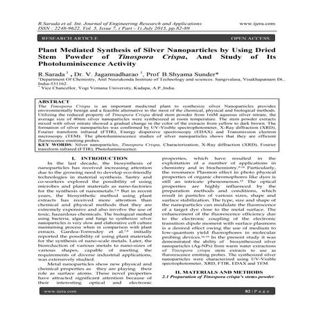 Plant Mediated Synthesis of Silver Nanoparticles by Using Dried Stem ...