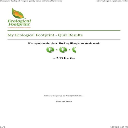 P57600 Quiz Results  Ecological Footprint Quiz by Center for Sustainable Economy