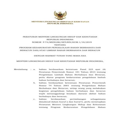 Peraturan Menteri Lingkungan Hidup Dan Kehutanan Nomor P.74/MENLHK/SETJEN/KUM.1/10/2019