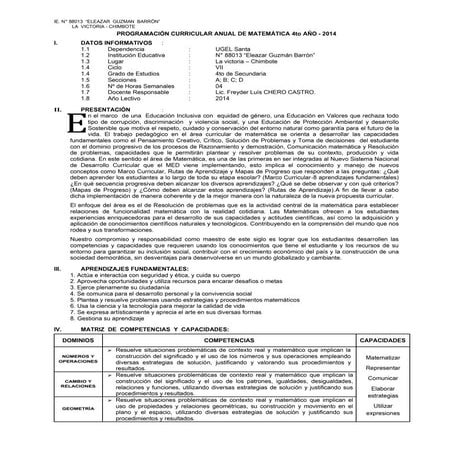 Programación Anual de matemática 4to año- 2014(con rutas de aprendizaje)