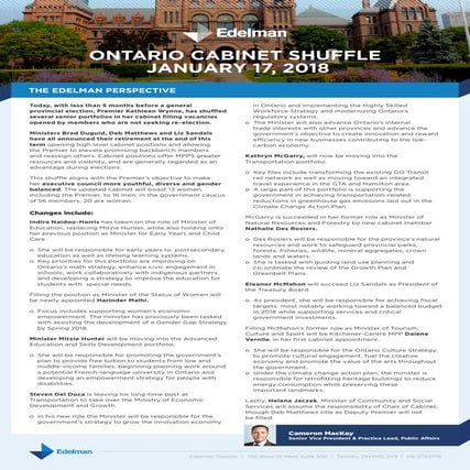 Edelman Public Affairs - Ontario Cabinet Shuffle 2018