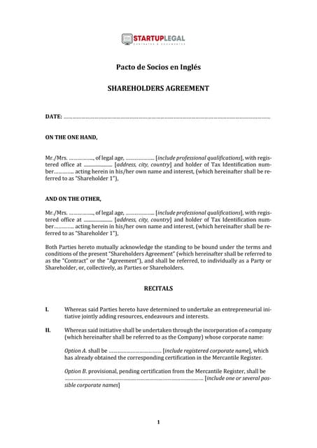 Pacto de Socios en Ingles - Shareholders Agreement