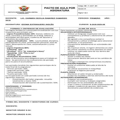 Pacto de asignatura octavo  ingles 1° p 2018