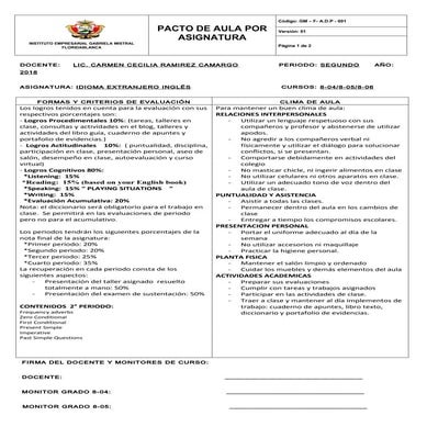 Pacto de asignatura octavo ingles 2 p 2018