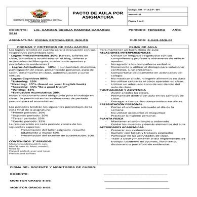 Pacto de asignatura octavo  ingles  3 p 2018