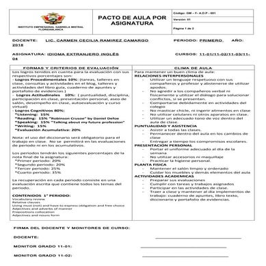 Pacto de asignatura once   ingles 1° p 2018