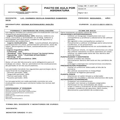 Pacto de asignatura once ingles 2 p 2018