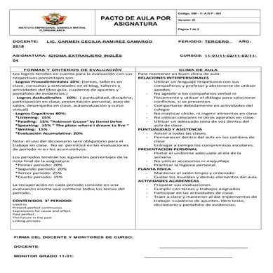 Pacto de asignatura once ingles  3 p 2018