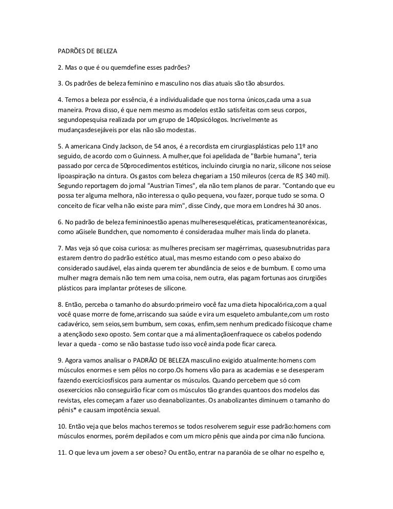 Redação Sobre Consequências Da Busca Por Padrões De Beleza Idealizados