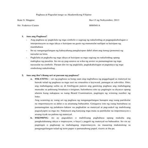 Pagbasa at pagsulat tungo sa akademikong filipino
