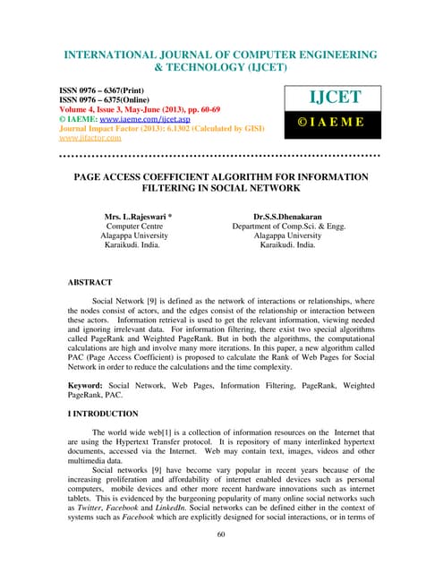 Page access coefficient algorithm for information filtering