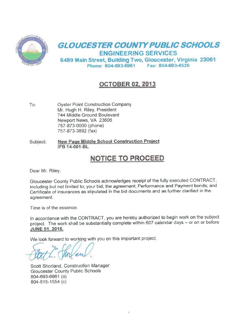 page notice to proceed letter of intent letter to intent sample