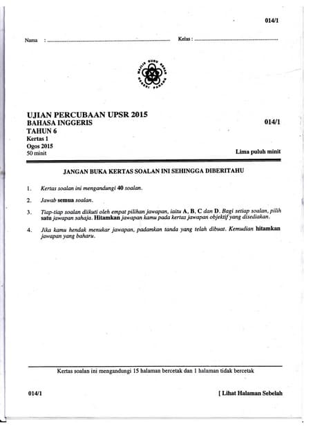 Johor UPSR Trial Paper 2 | PDF