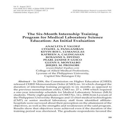 The Six-Month Internship Training  Program for Medical Laboratory Science  Ed...