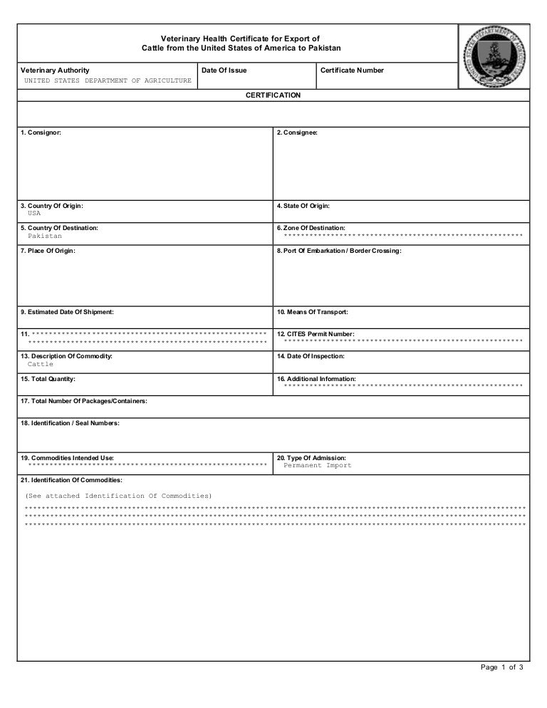 USA Veterinary Health Certificate for Import of American Cows for Pak…