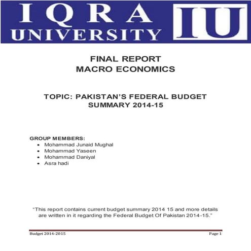 Pakistan’s federal budget summary 2014 15 (Macro-Economics,Iqra University)
