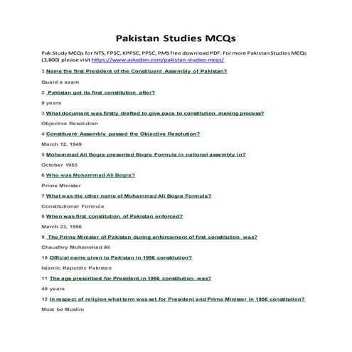 Pakistan Studies MCQs | PDF