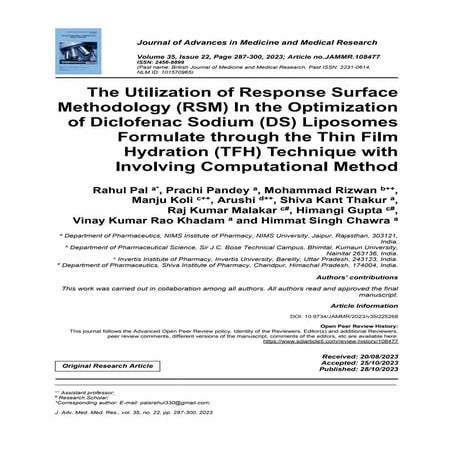 The Utilization of Response Surface Methodology (RSM) In the Optimization of Diclofenac Sodium (DS) Liposomes Formulate through the Thin Film Hydration (TFH) Technique with Involving Computational Method