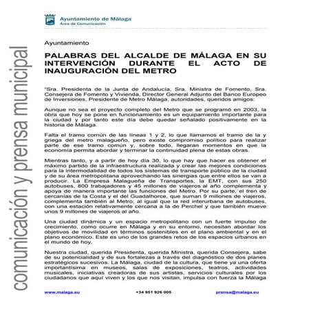 Palabras del Alcalde en la inauguración del Metro de Málaga