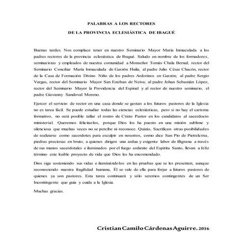 Palabras a los rectores de la provincia eclesiástica de ibagué. autor. cristian camilo cárdenas a guirre.