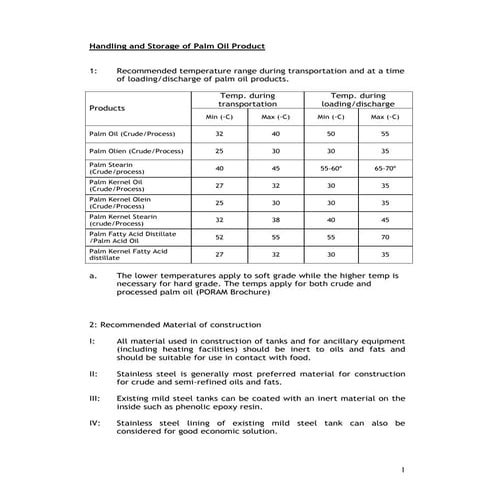 Palm Oil Heating - Recommeded Temperatures For Storage, Transport & Discharge