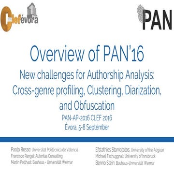 Overview of PAN'16 - New challenges for Authorship Analysis: Cross-genre prof...