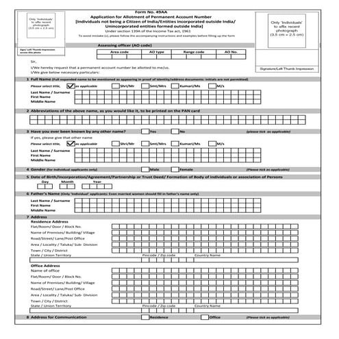 Pan application form 49 aa for foreign citizens