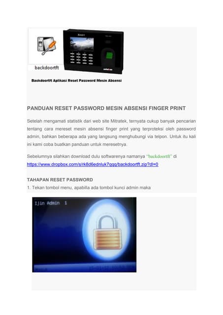 Panduan Reset Password Mesin Absensi Finger Print Pdf Panduan Reset Password Mesin Absensi Finger Print Pdf