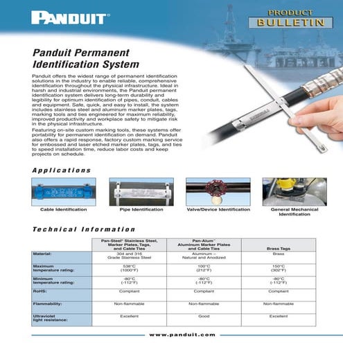 Panduit Stainless Steel Cable Tie & Marking Systems For Cable & Pipe Identifi...