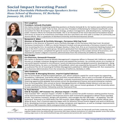 Social Impact Investing Panelists bios 1/30/2012