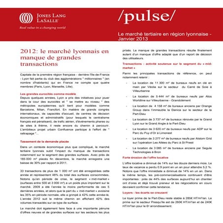 Le marché immobilier du tertiaire en région lyonnaise - 4T 2012