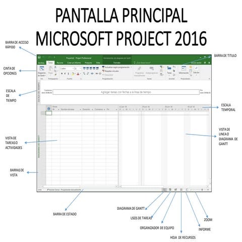 Pantalla principal Microsoft Project 2016