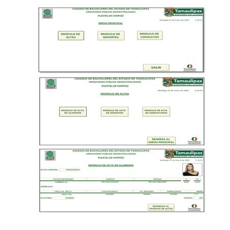 Pantallas  del Sistema de Control Escolar