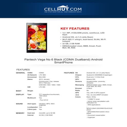 Pantech Vega No 6 Black Android SmartPhone-features-specification-at cellhut