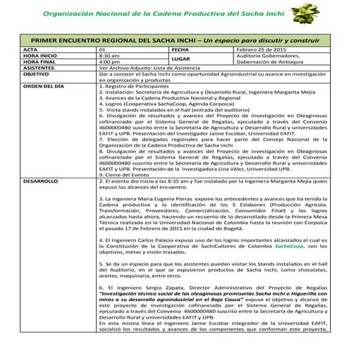 Acta 01. primer encuentro regional del Sacha Inchi 