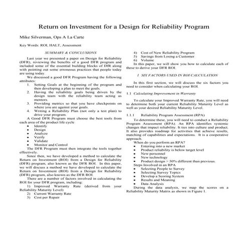 Return on Investment for a Design for Reliability Program