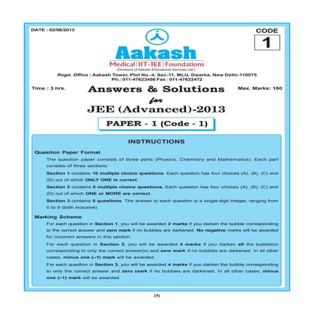 Aakash JEE Advance Solution Paper1