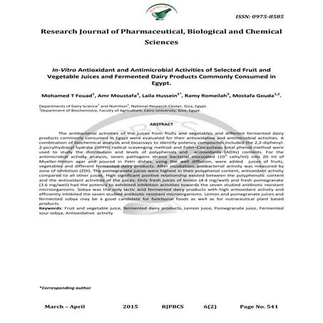 In-Vitro Antioxidant and Antimicrobial Activities of Selected Fruit and Vegetable Juices and Fermented Dairy Products Commonly Consumed in Egypt.
