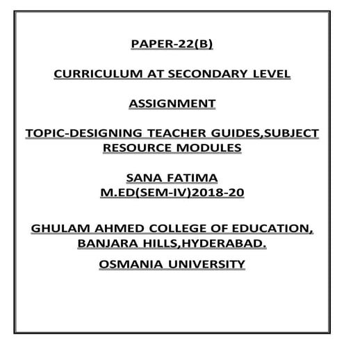 TEACHER SUPPORT CURRICULUM- DESIGNING TEACHER GUIDES, SUBJECT RESOURCE MODULES