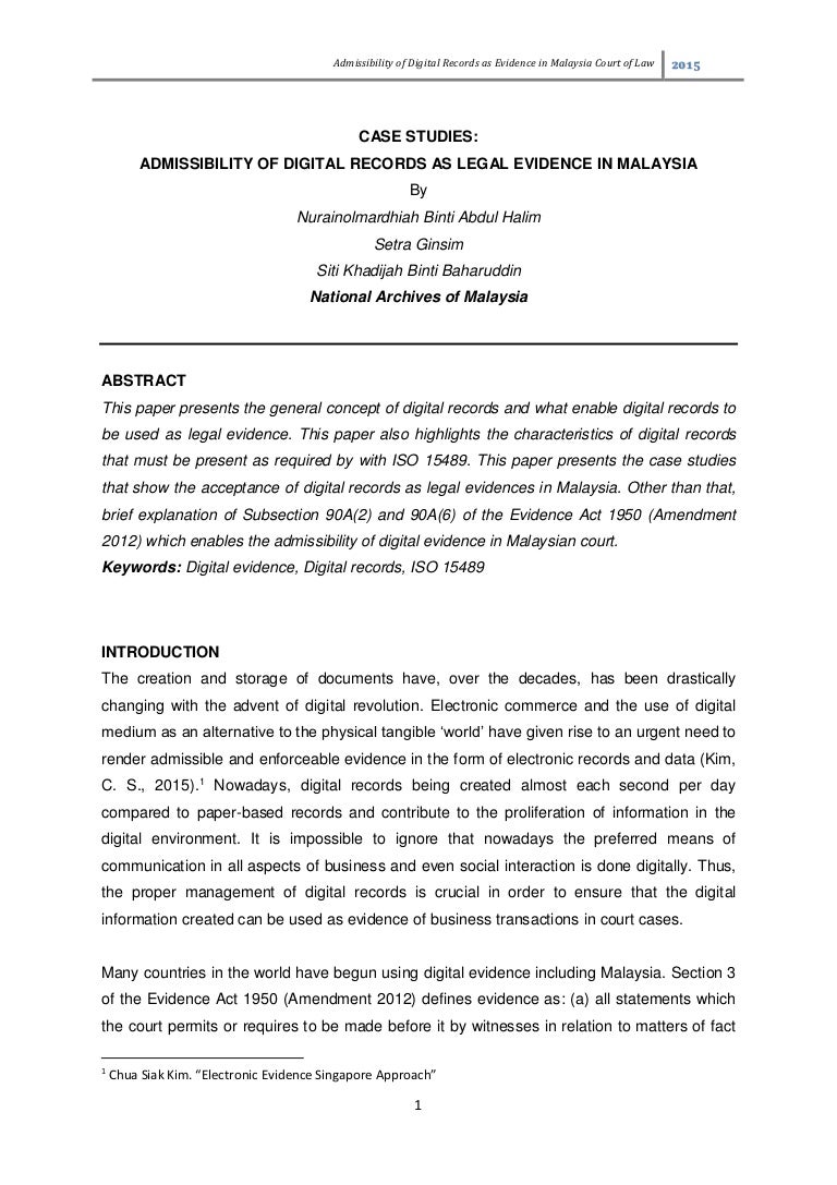 Paper Case Studies Admissibility Of Digital Records As Legal Evidence