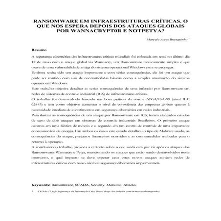 Paper Técnico:  Ransomware em infraestruturas críticas. O que nos espera depois dos ataques globais por wannacrypt0 r e notpetya?