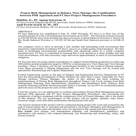 Project Risk Management at Delaney Tires Storage; the Combination ...