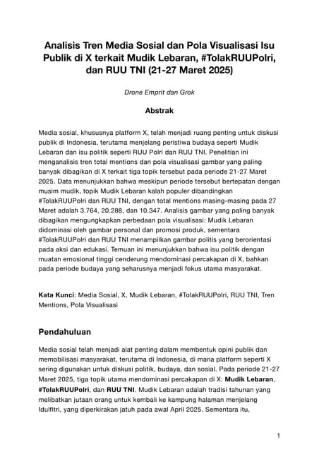Analisis Tren Media Sosial dan Pola Visualisasi Isu Publik di X terkait Mudik Lebaran, #TolakRUUPolri, dan RUU TNI (21-27 Maret 2025)